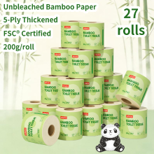 Ochama Bamboe Toiletpapier, 5 Laags, 200 g, 27 Rollen, Ongebleekt Bamboepulppapier, FSC gecertificeerd, Verdikt Toiletpapier met Kern, Familieverpakking