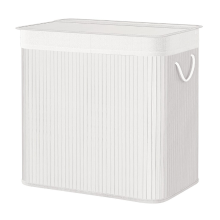 JOYFURNOS Grote bamboe wasmand, Opvouwbare wasmand met 3 vakken en deksel, Uitneembare binnenzak, Wit
