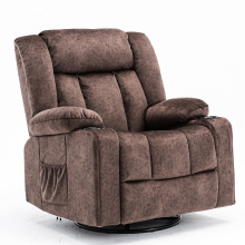 COMHOMA handbediende draaibare relaxstoel voor volwassenen met verstelbare rugleuning en voetensteun, 361° loungestoel voor de woonkamer, bekerhouder, zijzakken, zachte stof, ergonomisch, bruin