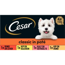 Cesar natvoer voor volwassen honden mix met kip & kalkoen, rundvlees & lever, kalfsvlees & gevogelte, lam & kalkoen 4 × 150 g
