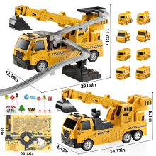 TEMI Bouwvoertuigen speelgoed, Kraanwagen 8 mini gelegeerd metalen bouwvoertuigen, Opvouwbare graafmachine speelgoed met speelmat & verkeersborden, Educatief voertuig cadeau