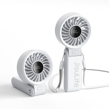 JISULIFE Draagbare Handventilator Life 7, 5000 mAh Oplaadbaar, Krachtige Motor, LED display, 19,5 uur Koeling, 5 Snelheidsstanden, Opvouwbaar Ontwerp, 3 in 1, Wit
