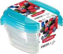 Curver Fresh & Go Square set van 3 x 0,25 l   transparant/blauw   Premium opbergoplossing, duurzaam kunststof, moderne opbergoplossing voor thuis
