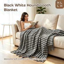 XLLX 1 stuk hondentand gebreide plaid met kwastjes, zwart wit schaakpatroon, zachte knusse deken voor bank, bed, kamperen & reizen voor thuisgebruik, 130 x 230 cm