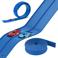 UINLE Baby Bogenbare DIY racebaan speelgoed voor kinderen, zachte PVC racebaan met dubbele baan en sterke zuignappen, 4 mini wrijvingsaangedreven auto's, vrij bouwen van rechte, bochtige en lusbaan, handvaardigheidstraining, creatief spelen voor binnen en buiten, id
