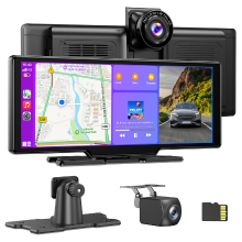 ESSGOO [zomeraanbiedingen] 10,26 inch draagbaar HD CarPlay scherm, draadloze CarPlay en Android Auto en schermspiegeling, ingebouwde 4K dashcam vooraan + AHD 1080P achteruitrijcamera achteraan, gratis 64 GB TF kaart, lusopname, navigatie, muziek, spraakbe