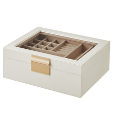 JOYFURNOS sieradendoos met glazen deksel, 2 laags sieradenorganizer met uitneembare lade, sieradenopslag, moderne stijl, cadeau voor dierbaren, wolkwit en metallic goud