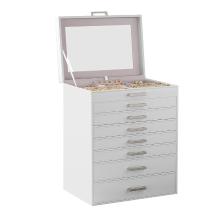 JOYFURNOS Grote 8 laags sieradendoos organizer met speciale horlogeopslag, Stapelbaar ladeontwerp met helder glazen bovenkant, 30,2 x 21,4 x 39 cm compacte verticale voetafdruk, Ideaal voor ringen, kettingen, oorbellen, armbanden, horloges, ladekast, kapt