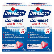 2X Davitamon Compleet Weerstand Kauwvitamines Aardbei 60 kauwtabletten