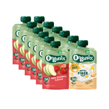 Organix Knijpfruitpakket 12+m   Appel Aardbei & Quinoa 6x 100 gr & Nutri Fiber Mango Yoghurt Banaan 6x 100 gr   Pakket