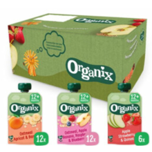 Organix Knijpfruit Maandbox 12+ mnd   Havermout Abrikoos & Banaan 12 x 100 gr + Haver Appel & Banaan 12 x 100 gr + Appel Aardbei & Quinoa 6 x 100 gr Pakket
