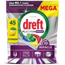 2+2 Gratis: Dreft Vaatwastabletten Platinum All In One Miracle 45 stuks