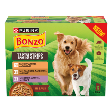 4X Bonzo Hondenvoer Nat Reepjes in Saus Kip, Kalkoen & Eend 12x85 gr