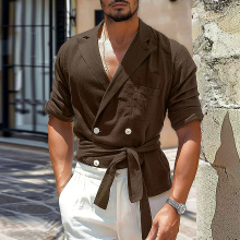 INCERUN Mannen Suit Lape Design Riem Lange Mouw Shirt Casual Effen Kleur Lape Top Shirt Plus Size,Lente Herfst Herenkled