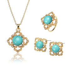Jassy® Elegant 18k Gold Plated Turquoise Jewelry Set Vintage Necklace Ring Earrings For Women