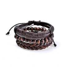 Meco 3 Pcs Men's Leather Bead Braided Bracelet Multilayer Bangle Wristband Vintage Male Jewelry
