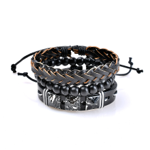 Meco 3 Pcs Wholesale Men's Bracelet Vintage Punk Bead Woven Leather Bangle Wristband Unisex