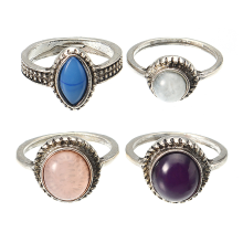 Meco 4 Pcs Bohemian Retro 4 Color Round Resin Ring Set Jewelry For Women
