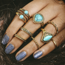 Meco 8 Pcs Vintage Turquoise Gem Bohemian Statement Ring Set
