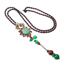 Meco Ethnic Vintage Necklace Retro Flower Pendant Jade Rope Necklace For Women