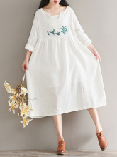 Meco Mori Girl Vintage Long Sleeve V Neck Embroidered Maxi Dress