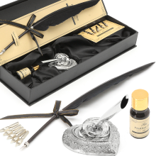 Meco Vintage Black Goose Feather Quill Pen Metal Nibs Dip Writing Ink Set Collectable