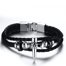 Meco Vintage Black Leather Bracelet Skull Cross Punk Woven Rope Men's Bracelet Jewelry