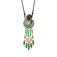 Meco Vintage Ethnic Necklace Tassel Jade Flower Pendant Rope Necklace For Women