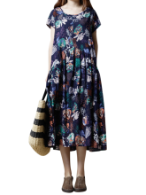 Meco Vintage Random Floral Printed Short Sleeve O Neck Pleated Mori Girl Dresses