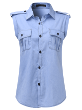 Meco Vintage Women Sleeveless Pocket Button Down Denim Shirt