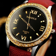 Meco Yazole 359 Vintage Rhinestones Women Quartz Watch Fashion Leather Strap Wrist Watch
