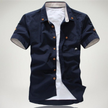 Men's Fashion Cotton Pure Color Short Sleeve Shirt Sapphire