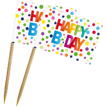 Merkloos Folat HAPPY B DAY prikkers   50x stuks   bamboe   H14 cm   kleurrijke stippen