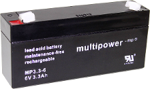 Multipower PB 6 3,3 4,8 Loodaccu 6 V 3.3 Ah Loodvlies (AGM) (b x h x d) 134 x 65 x 34 mm Kabelschoen 4.8 Mm Onderhoudsvrij, Geringe zelfontlading