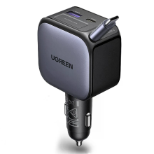 Ugreen 90W 2 Poorts USB PD Auto oplader Adapter USB A+USB C+Type C Uitrekbare Kabel Ondersteunt PD Snelladen voor iPhone