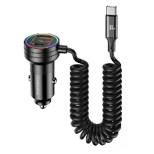 USAMS C33 60W 12 24V Auto oplader USB Type C PD Snel Opladen Hardware Plastic Riem met Aperture Spring Kabel