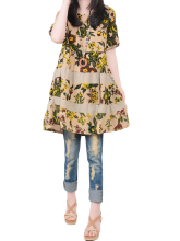Vintage Boho Floral Printed Linen Cotton Loose Dress For Women