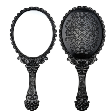Vintage Cosmetic Mirror Floral Print Hand Hold Looking Glass Makeup Beauty Tool Black