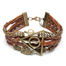 Vintage Owl Wings Triangle Pearl Multilayer Braided Leather Bracelet