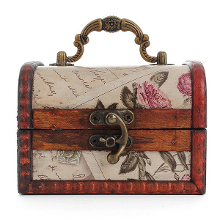 Vintage Stamp Pattern Wooden Jewelry Storage Box With Handle