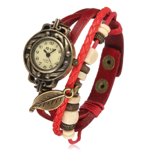 Vintage Weave Leaf Leather Women Bangle Bracelet Quartz Wrist Watch