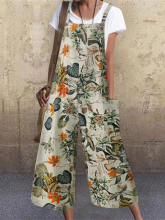VONDA Vrouwen Vintage mouwloze knop Floral Side Pocket Overalls losse afdrukken Jumpsuits