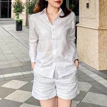ZANZEA Dames 2 delige Sets Vintage Casual Lange Mouwen Lapel Shirt Elatische Taille A Lijn Broekjes Katoenlinnen Sets