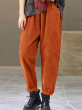 Zanzea Dames Corduroy Elastische Taille Zijzakken Effen Kleur Enkellange Casual Broek