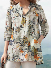 ZANZEA Dames Plus Size Katoen Linnen Blouses V Hals Bloemen Top Vintage Knopen Manchetten Driekwart Mouw Shirt
