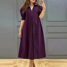 ZANZEA Dames Vintage Mode Effen Casual V hals Korte Mouwen Jurk Losse Pasvorm met Zakken aan de Zijkant