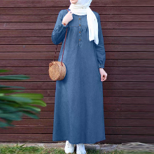 ZANZEA Dames Vintage Ronde Hals Denim Jurken Casual Lantaarnmouw Effen Maxi Jurk