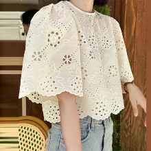 ZANZEA Elegante Stijl Dames Vintage Casual Katoenen Cropped Shirts Top Vakantie Crew Neck Holle Borduurwerk Blouses