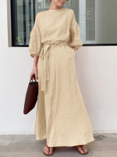Zanzea Stevige vintage maxi jurk met pofmouwen, stropdas, ronde hals