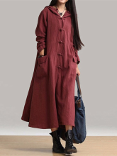 Zanzea Vintage Women Long Sleeve Plate Buckles Pocket Hooded Maxi Dresses